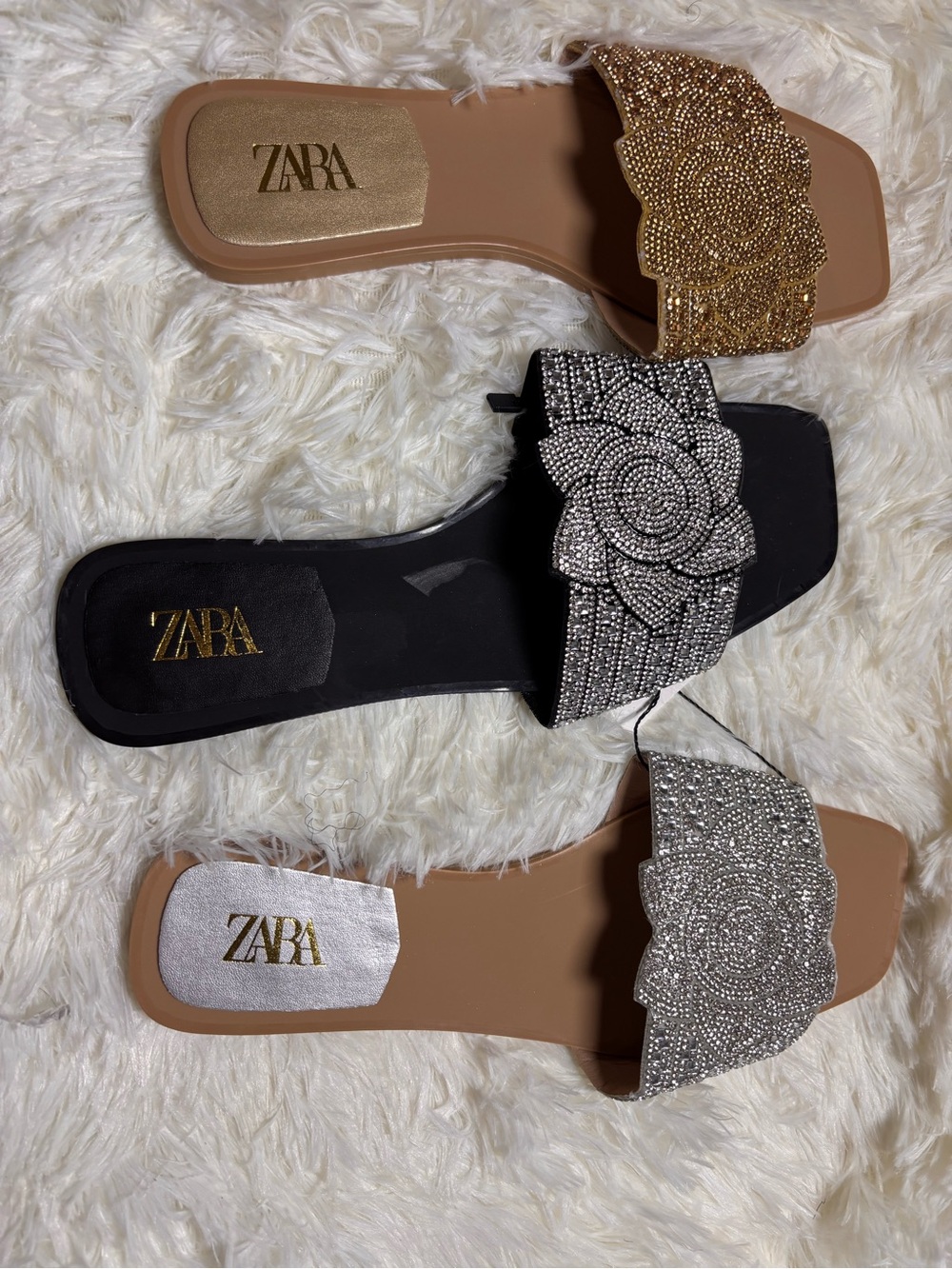 Zara Crystal-Embellished Slide Mules in Gold, Black, and Silver